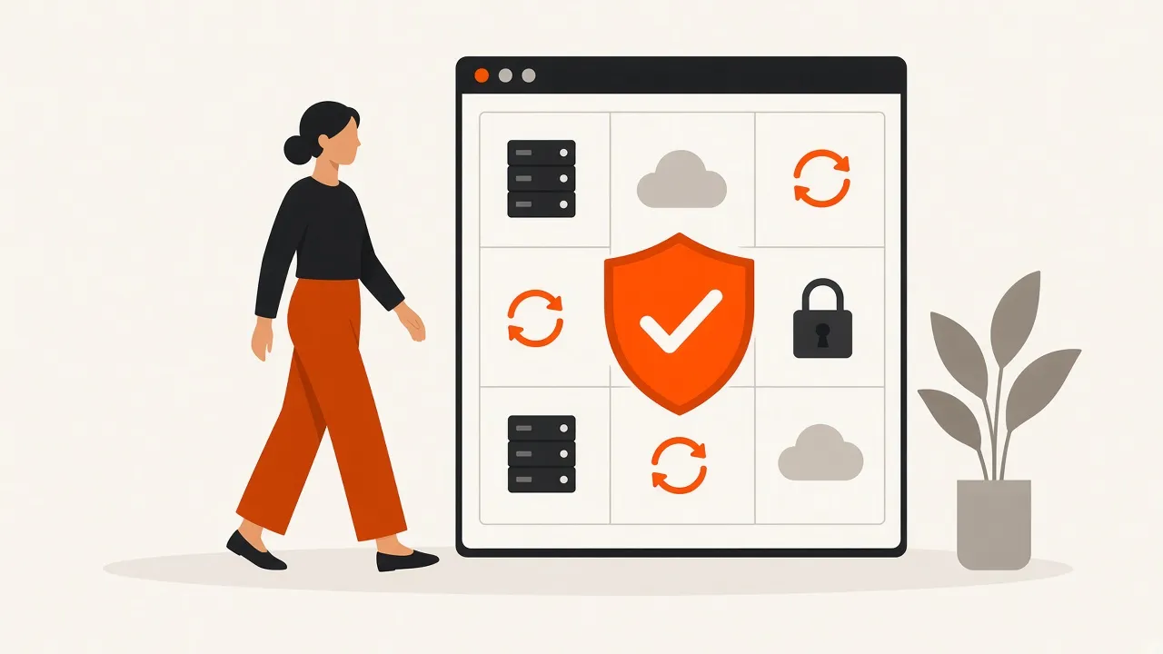 A woman walks past a large board of icons for hosting, backups, updates and security, with an orange shield and tick in the centre.