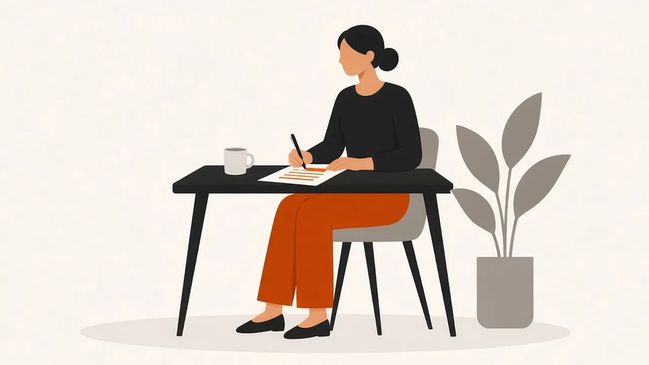 A woman at a desk writes on a sheet of paper with the top lines marked in orange, a mug beside her and a plant behind.