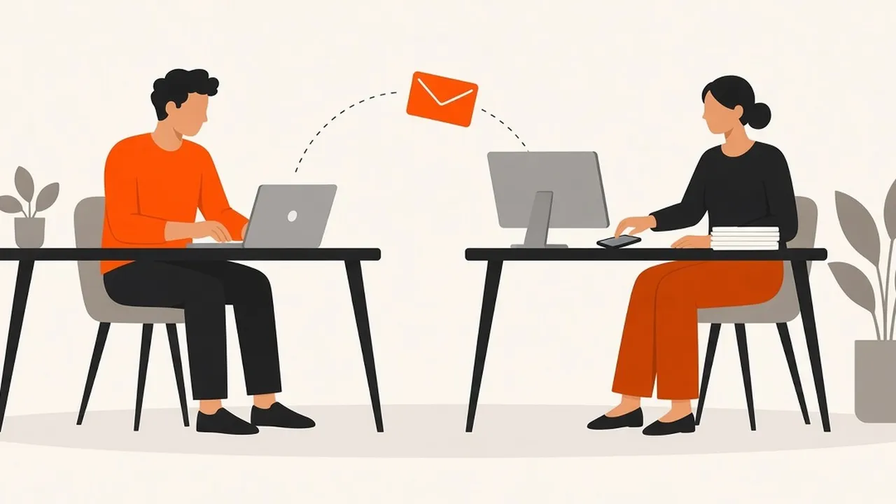 A man at his laptop sends an orange envelope along a dotted line to a woman at another desk with a monitor and a stack of papers.