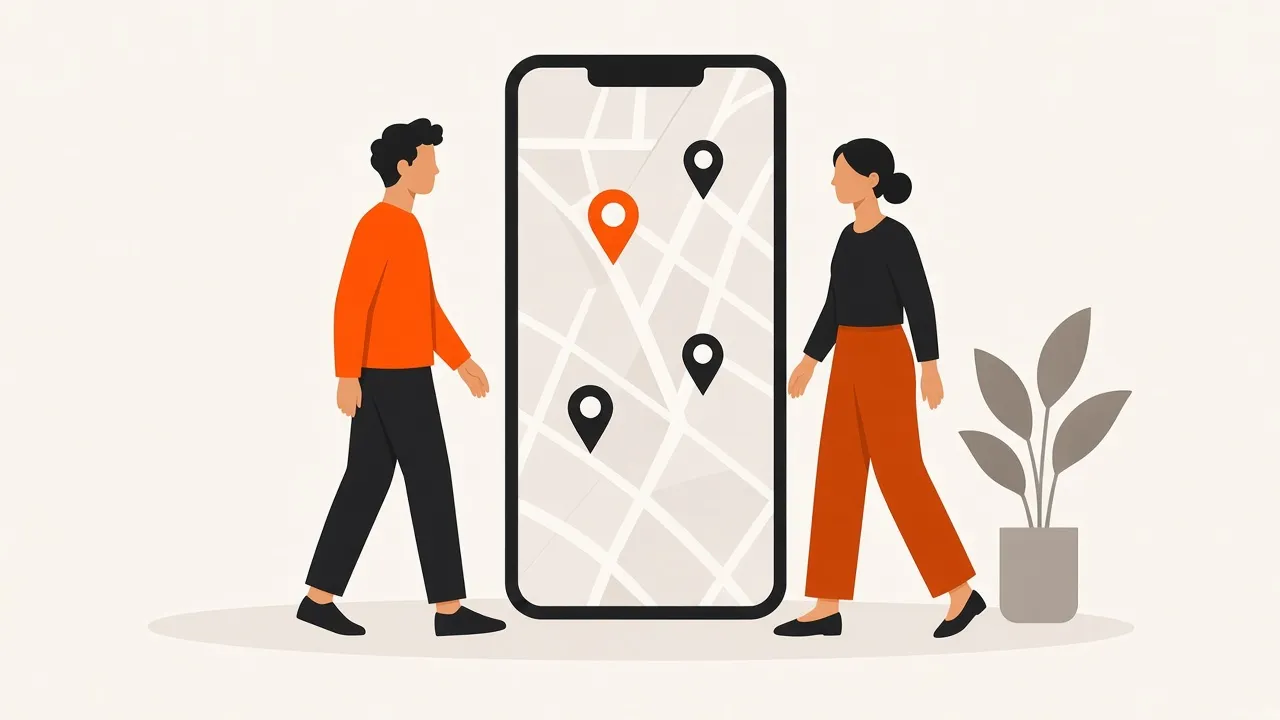 Two people walk past a giant phone showing a street map with location pins, one highlighted in orange.