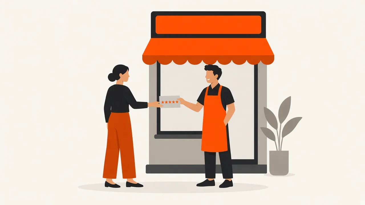 A shopkeeper in an apron stands outside his shop and hands a customer a card showing five stars.