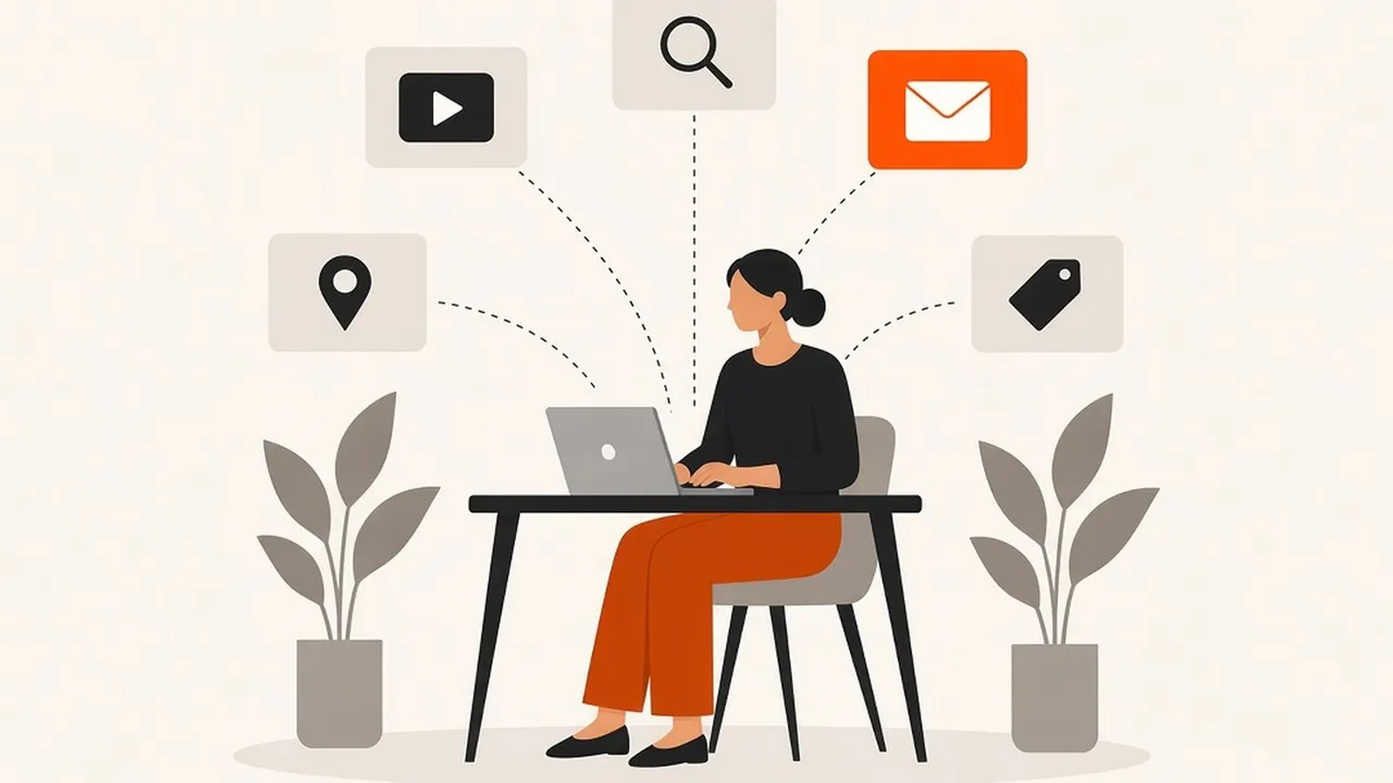 A woman at a laptop with dotted lines leading to tiles for video, search, email, maps and shopping, the email tile in orange.