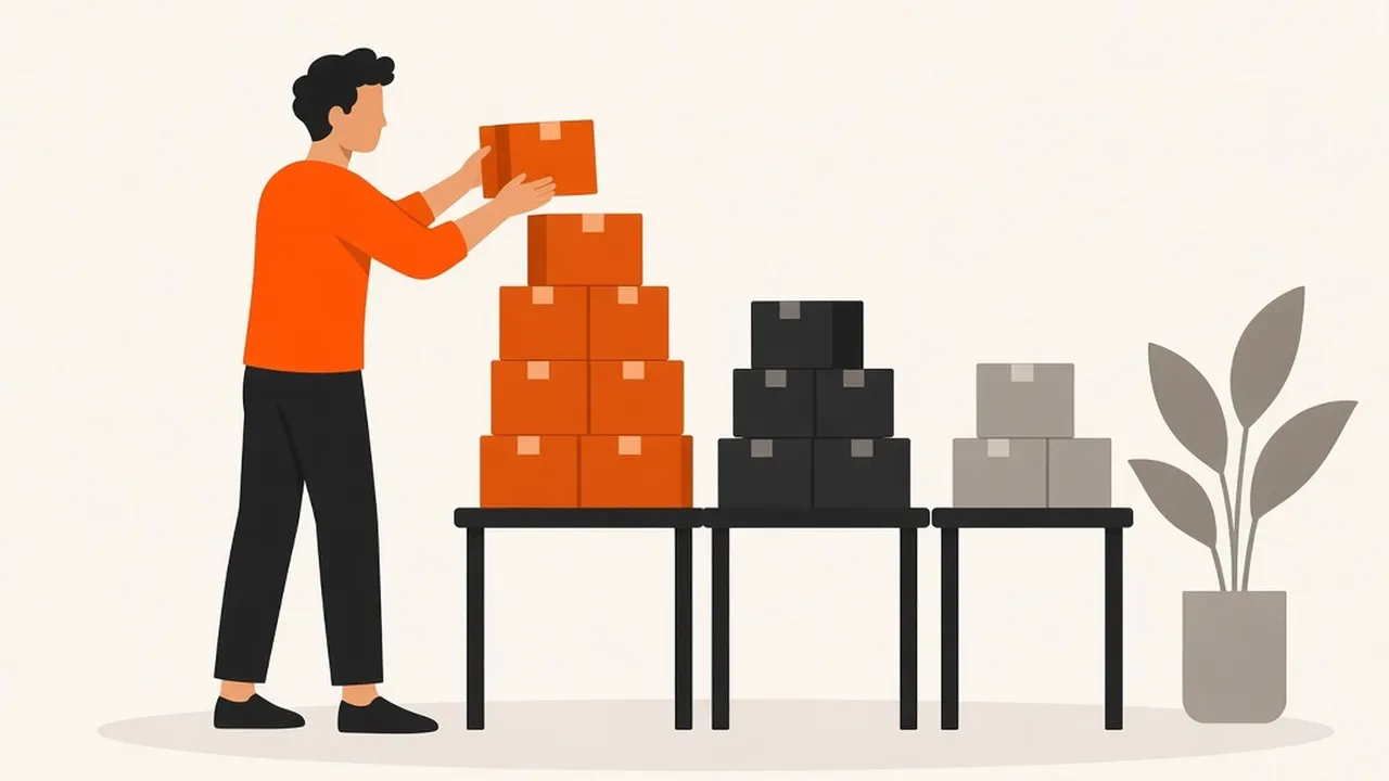 A man stacks boxes onto three tables, sorted into a tall orange pile, a medium dark pile and a small grey pile.