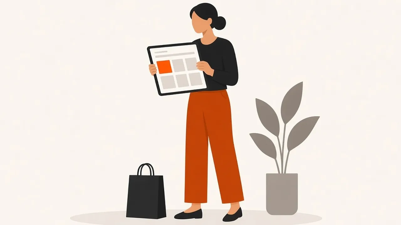 A woman holds a tablet showing a shop page with a grid of products, one in orange, with a shopping bag at her feet.