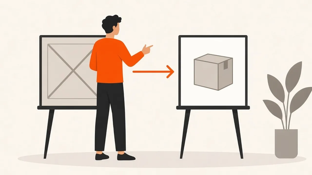 A man points as an orange arrow leads from a crossed-out page to a board showing a new product box.