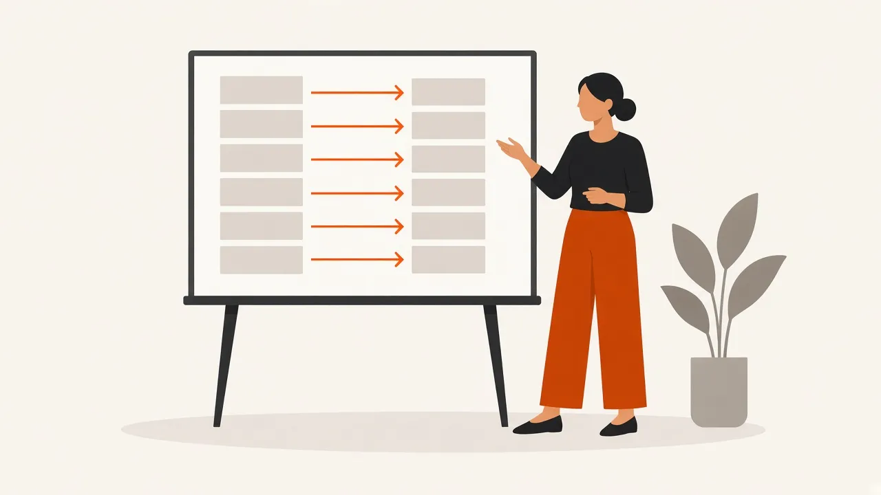 A woman stands beside a board where arrows link each old page to a new page.