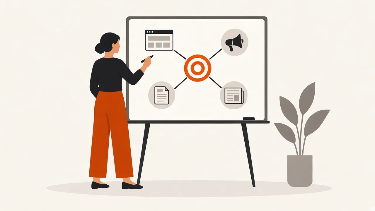 A woman at a whiteboard links icons for the website, ads, content and PR to one central target.
