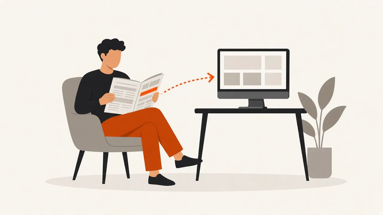 A man in an armchair reads a newspaper with a highlighted link, and a dotted arrow leads from it to a website on a monitor.