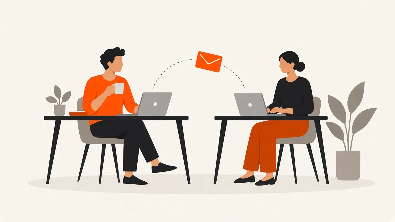 A man at his laptop sends an email that arcs across to a journalist working at her own desk.